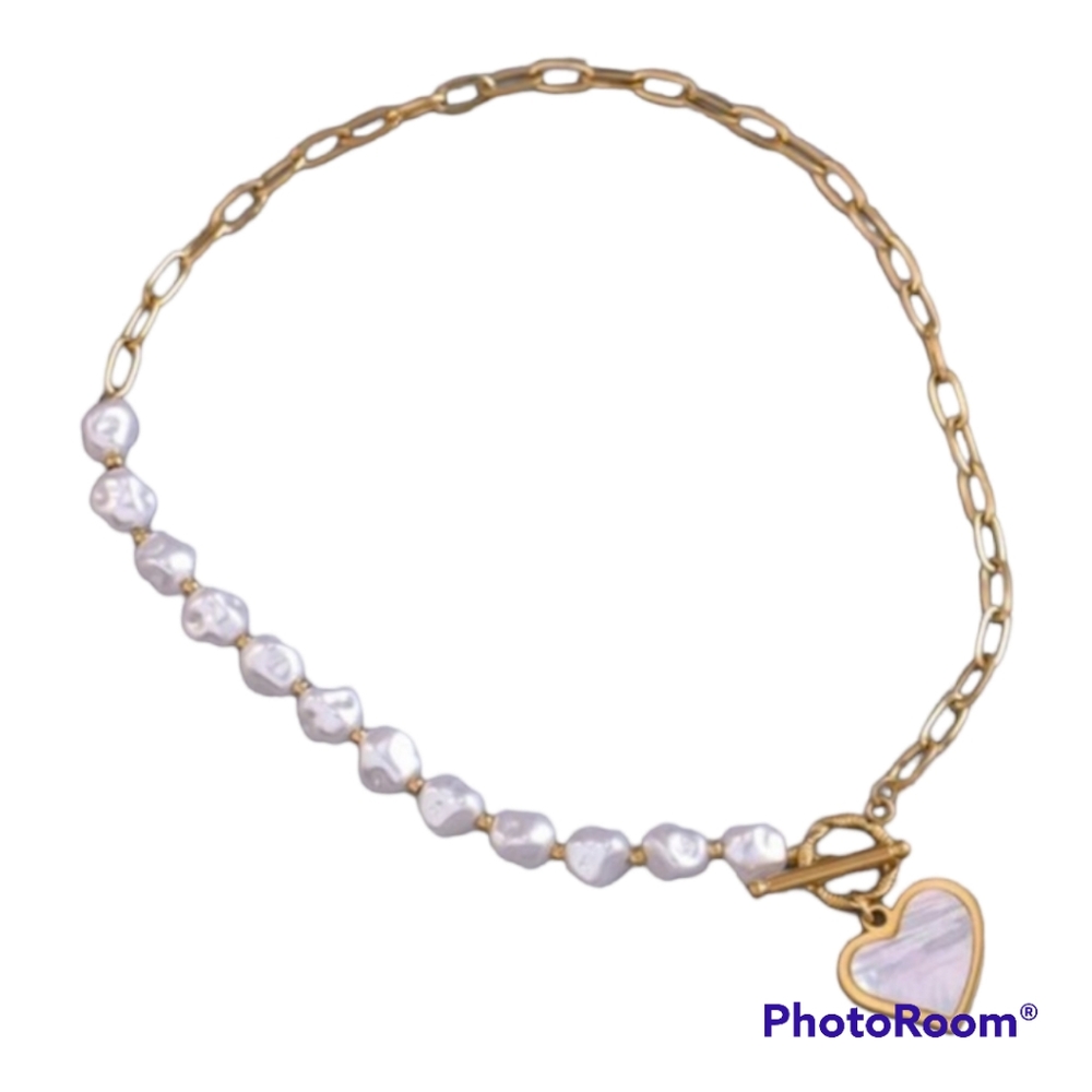 Heart Pearl Pendant Necklace - Stainless Steel